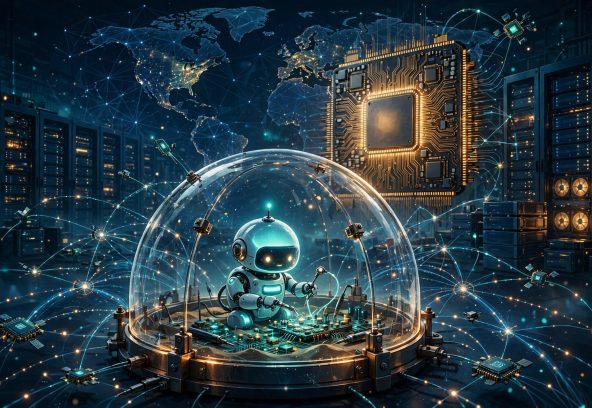 AI agent working inside a transparent protective sandbox dome connected to a global edge network