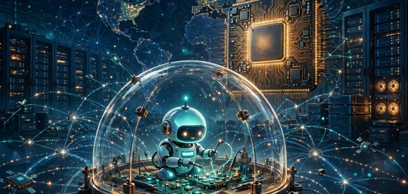 AI agent working inside a transparent protective sandbox dome connected to a global edge network