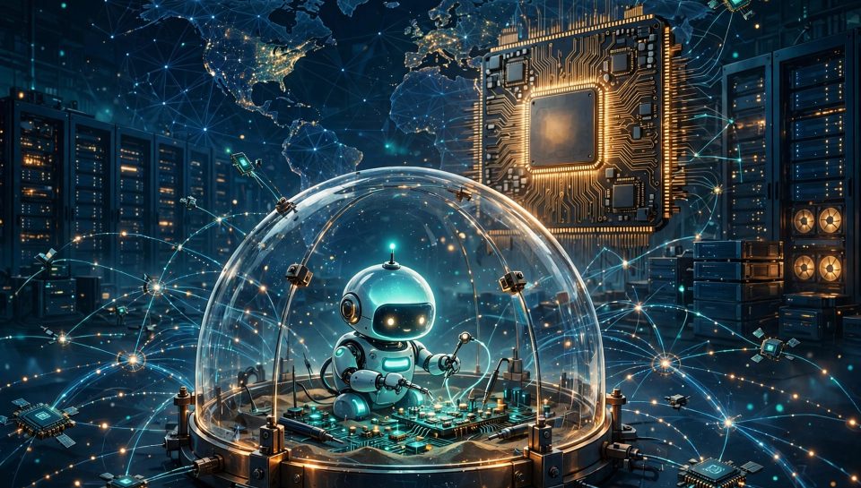 AI agent working inside a transparent protective sandbox dome connected to a global edge network