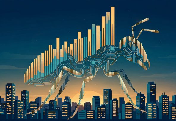 Circuit ant illustration over rising bar charts above a city skyline