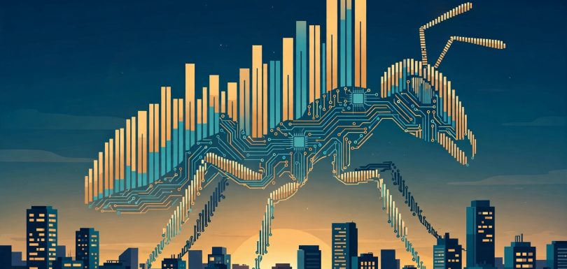Circuit ant illustration over rising bar charts above a city skyline