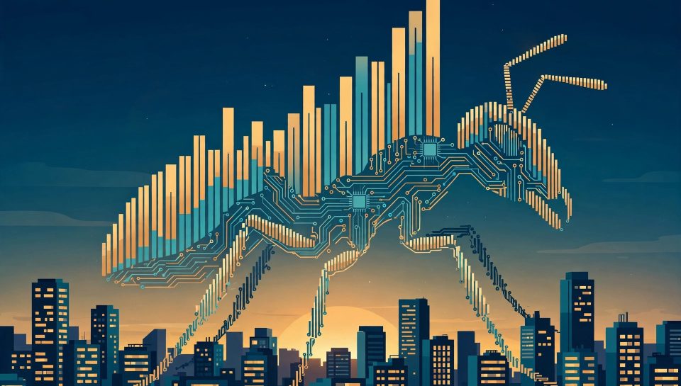 Circuit ant illustration over rising bar charts above a city skyline