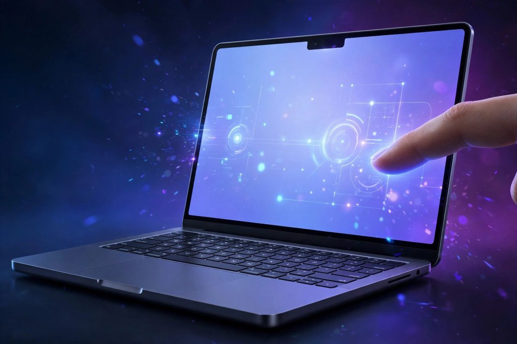 AI-generated illustration of a sleek laptop with a glowing touchscreen display being touched by a fingertip, concept art for Apple's first touchscreen MacBook Pro