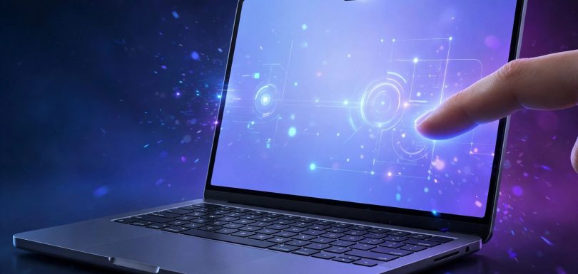 AI-generated illustration of a sleek laptop with a glowing touchscreen display being touched by a fingertip, concept art for Apple's first touchscreen MacBook Pro