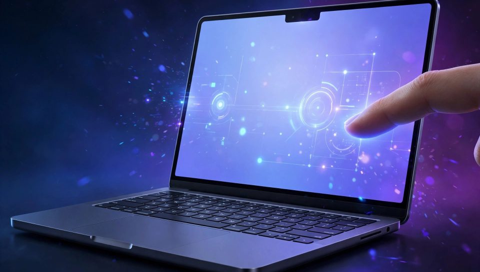 AI-generated illustration of a sleek laptop with a glowing touchscreen display being touched by a fingertip, concept art for Apple's first touchscreen MacBook Pro