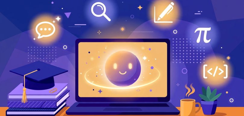 Illustration of a student desk with a laptop, graduation cap, and icons for AI study tools