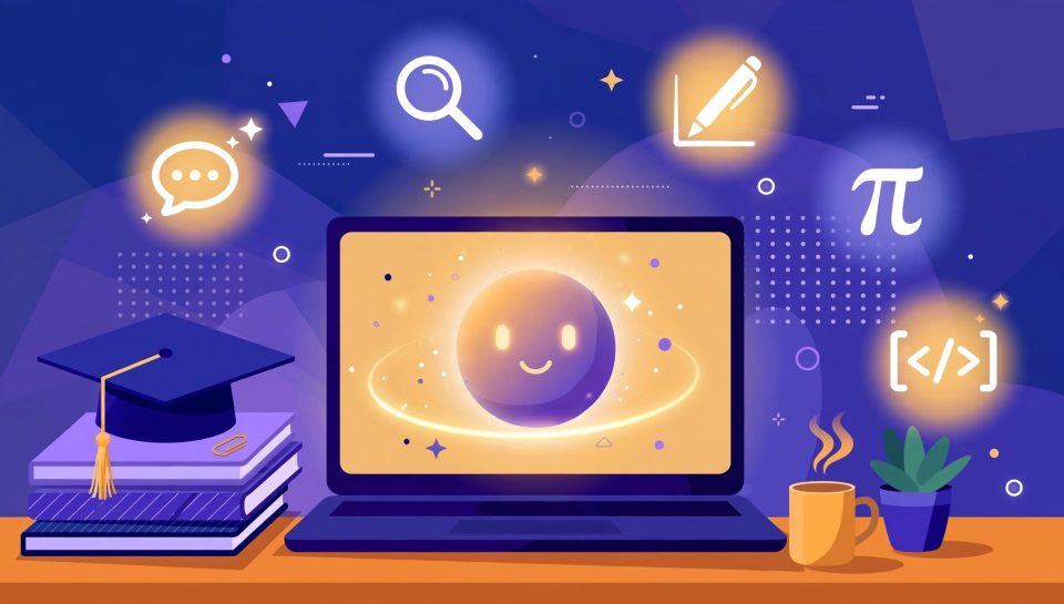 Illustration of a student desk with a laptop, graduation cap, and icons for AI study tools