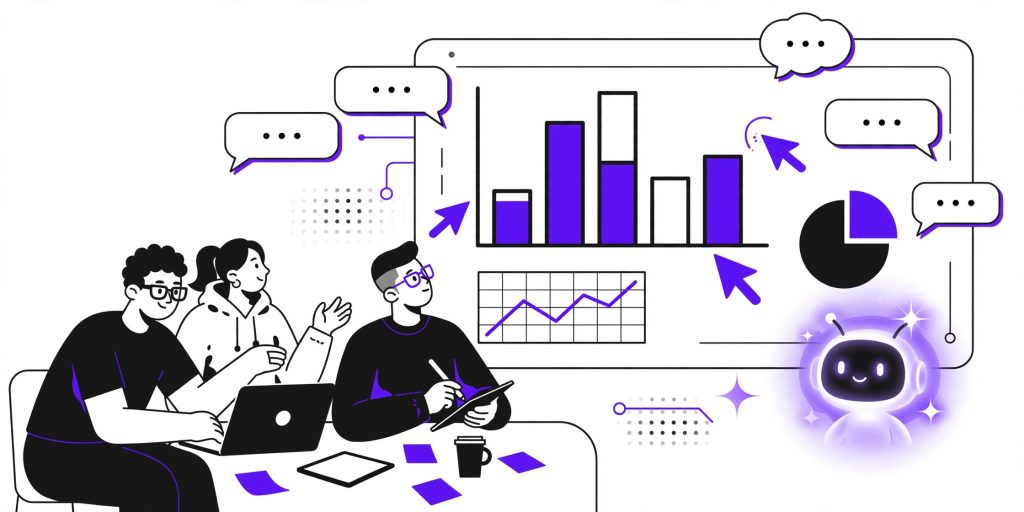 Illustration of a team collaborating on a presentation deck in ChatGPT Slides with comments and an AI assistant