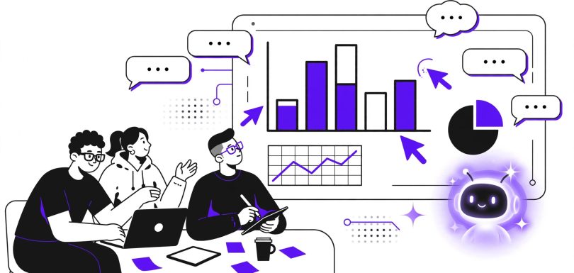 Illustration of a team collaborating on a presentation deck in ChatGPT Slides with comments and an AI assistant