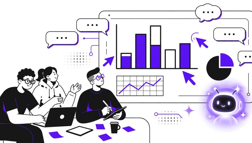Illustration of a team collaborating on a presentation deck in ChatGPT Slides with comments and an AI assistant