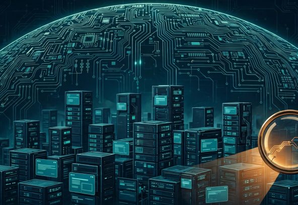 Gemini 4 Carbon cybersecurity illustration: a glowing shield of code protecting servers and applications