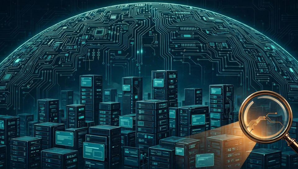 Gemini 4 Carbon cybersecurity illustration: a glowing shield of code protecting servers and applications