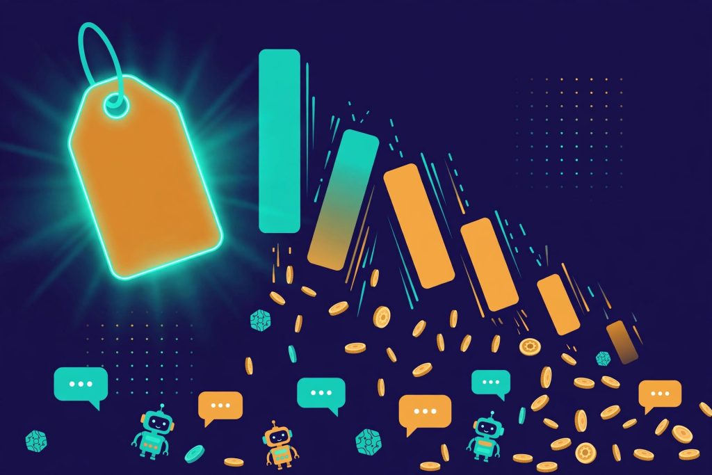 Illustration of falling AI model prices with a downward bar chart and scattered tokens