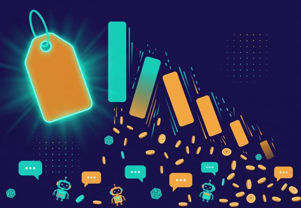Illustration of falling AI model prices with a downward bar chart and scattered tokens