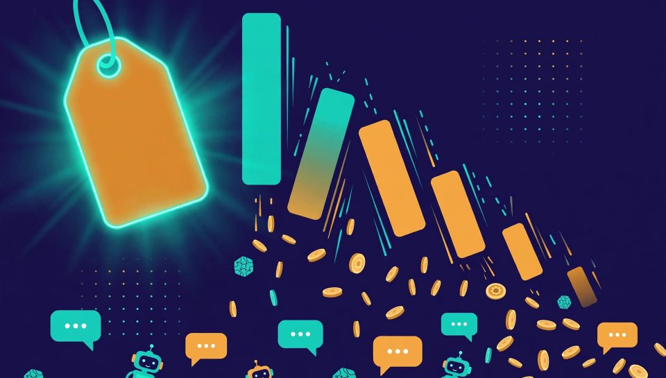 Illustration of falling AI model prices with a downward bar chart and scattered tokens