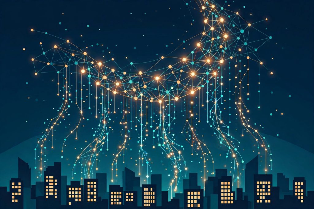Illustration of a giant open-weight AI model as a glowing network of nodes forming a rising crescent moon over a city skyline