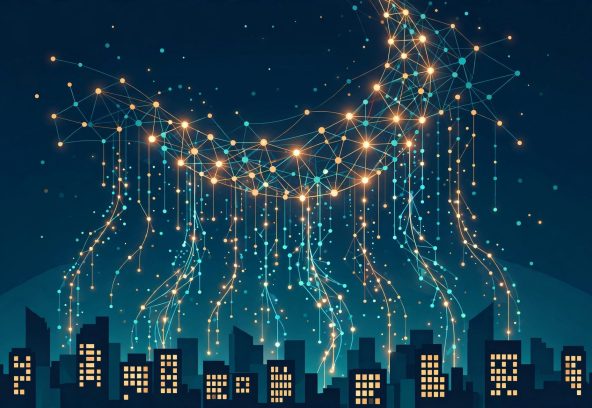 Illustration of a giant open-weight AI model as a glowing network of nodes forming a rising crescent moon over a city skyline