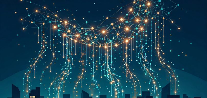 Illustration of a giant open-weight AI model as a glowing network of nodes forming a rising crescent moon over a city skyline