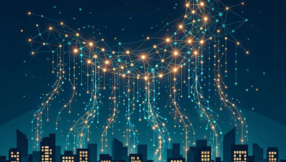 Illustration of a giant open-weight AI model as a glowing network of nodes forming a rising crescent moon over a city skyline