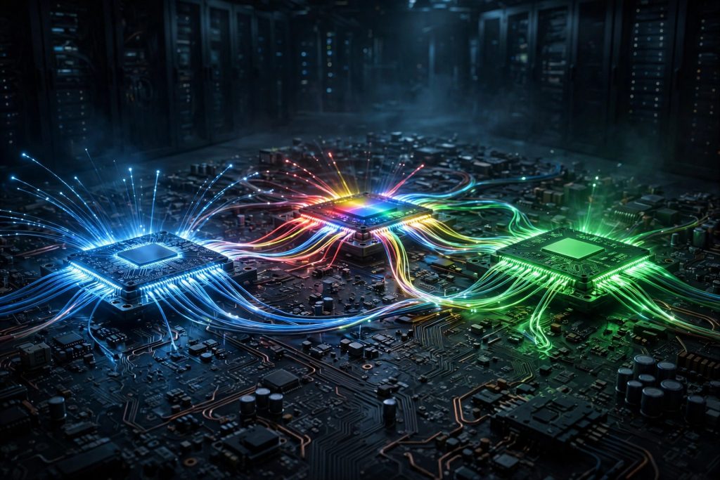 Illustration of three glowing AI processor chips on a dark circuit board, representing Meta, Google, and Nvidia in the AI chip war