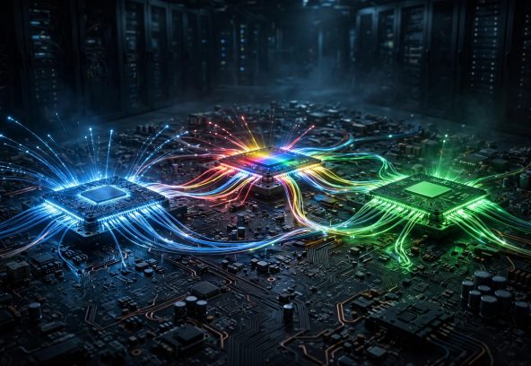 Illustration of three glowing AI processor chips on a dark circuit board, representing Meta, Google, and Nvidia in the AI chip war
