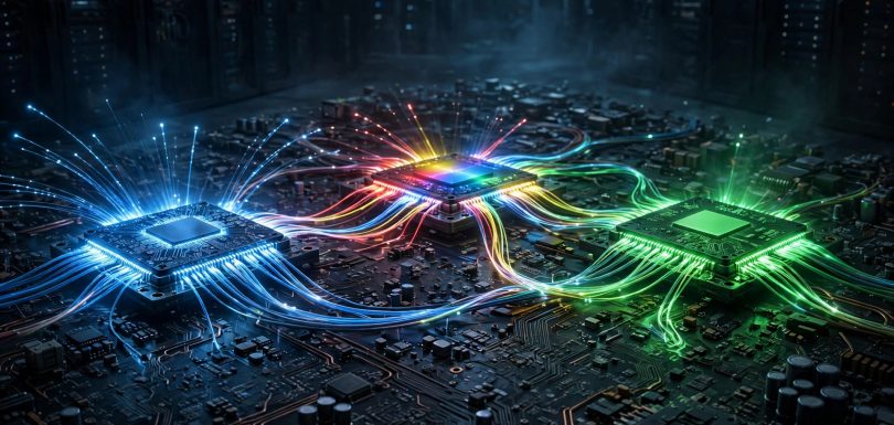 Illustration of three glowing AI processor chips on a dark circuit board, representing Meta, Google, and Nvidia in the AI chip war