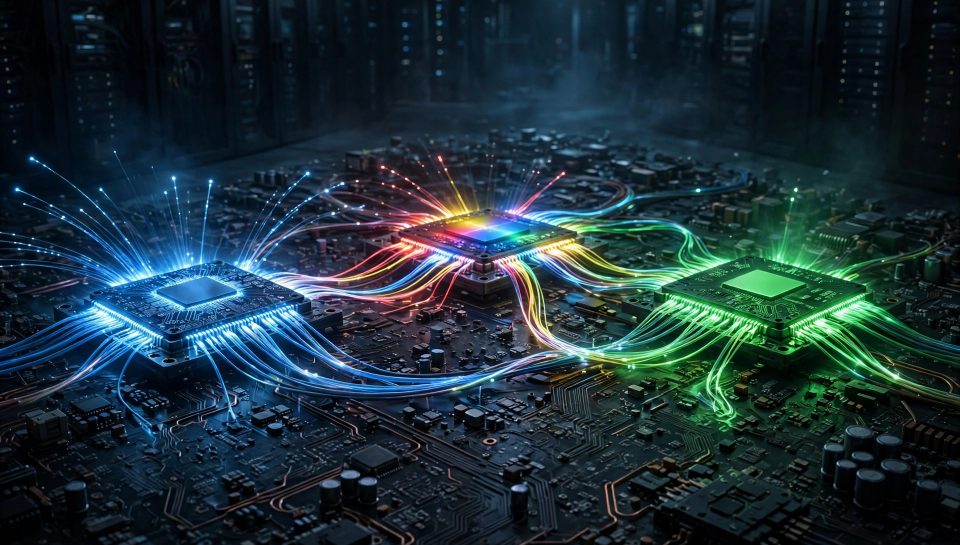 Illustration of three glowing AI processor chips on a dark circuit board, representing Meta, Google, and Nvidia in the AI chip war