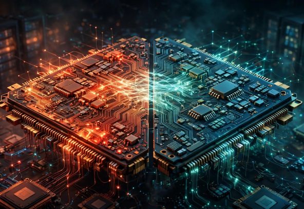 Illustration of a glowing AI chip split between two colours, symbolising OpenAI reportedly buying Google's TPU chips