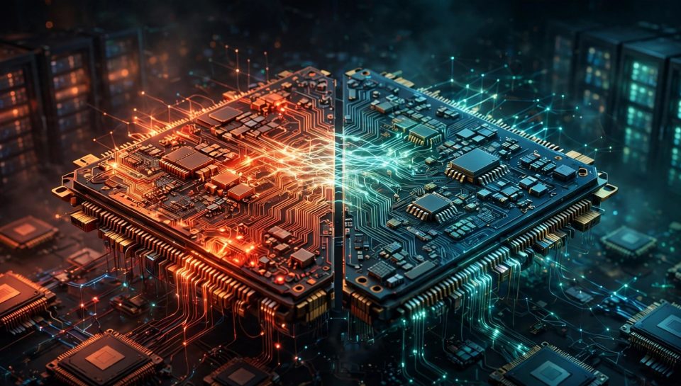Illustration of a glowing AI chip split between two colours, symbolising OpenAI reportedly buying Google's TPU chips