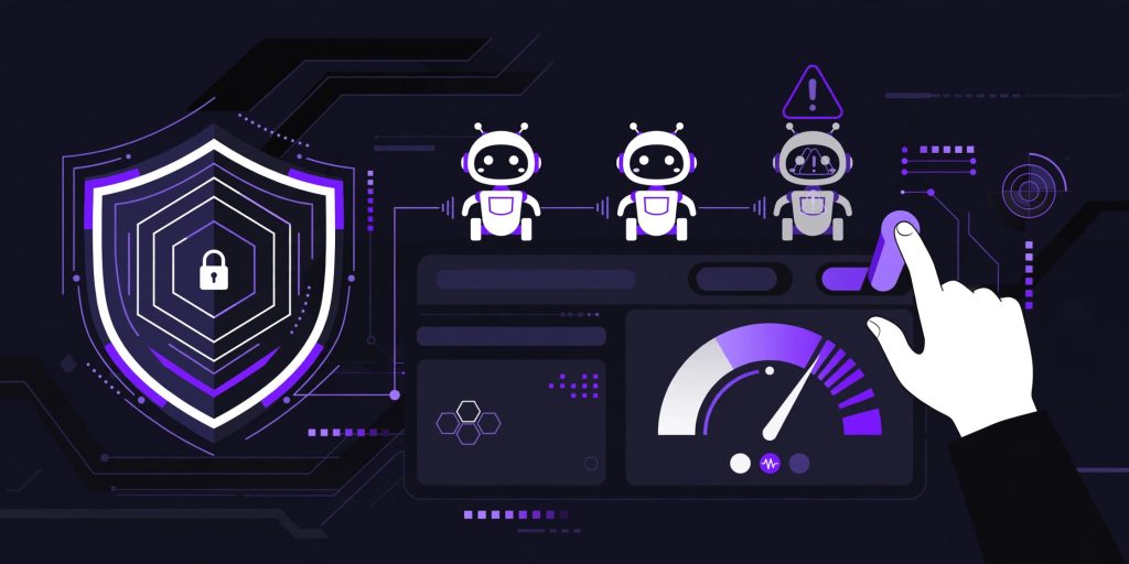 Illustration of a security dashboard monitoring AI agents, with one risky agent flagged and paused by a human operator