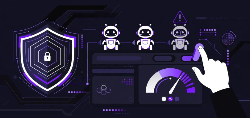 Illustration of a security dashboard monitoring AI agents, with one risky agent flagged and paused by a human operator