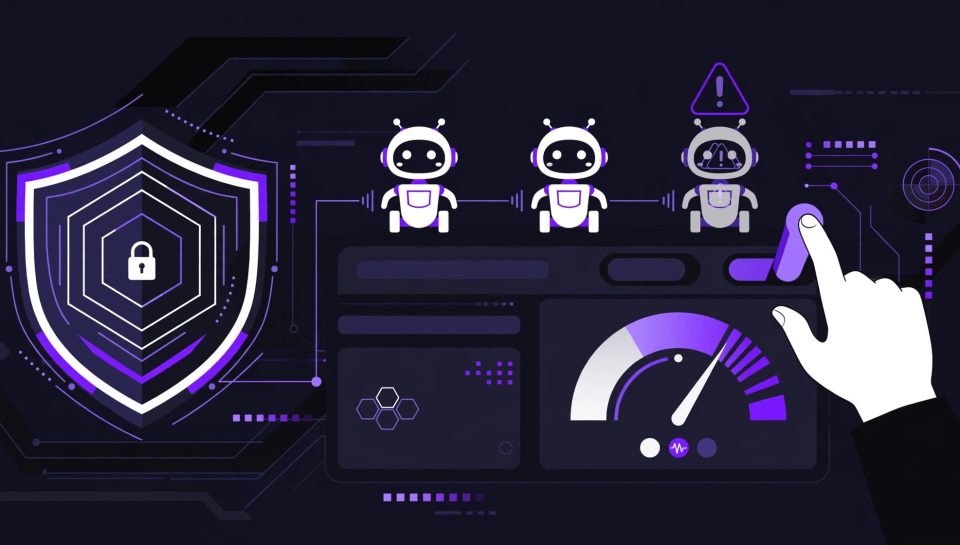 Illustration of a security dashboard monitoring AI agents, with one risky agent flagged and paused by a human operator