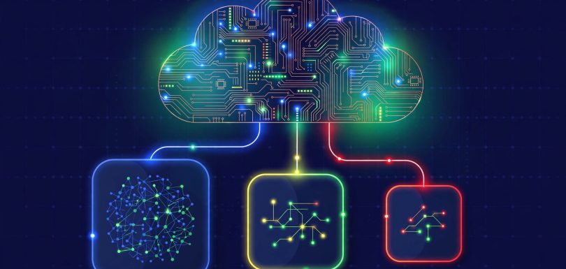 Illustration of a glowing circuit-board cloud connecting three AI model panels, representing OpenAI GPT models on Google Cloud