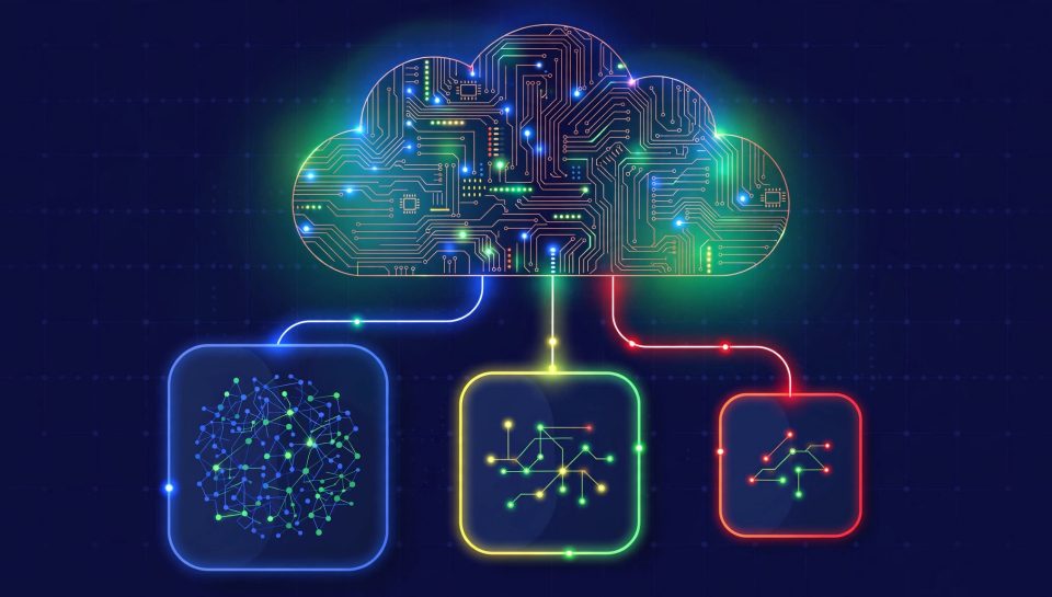 Illustration of a glowing circuit-board cloud connecting three AI model panels, representing OpenAI GPT models on Google Cloud