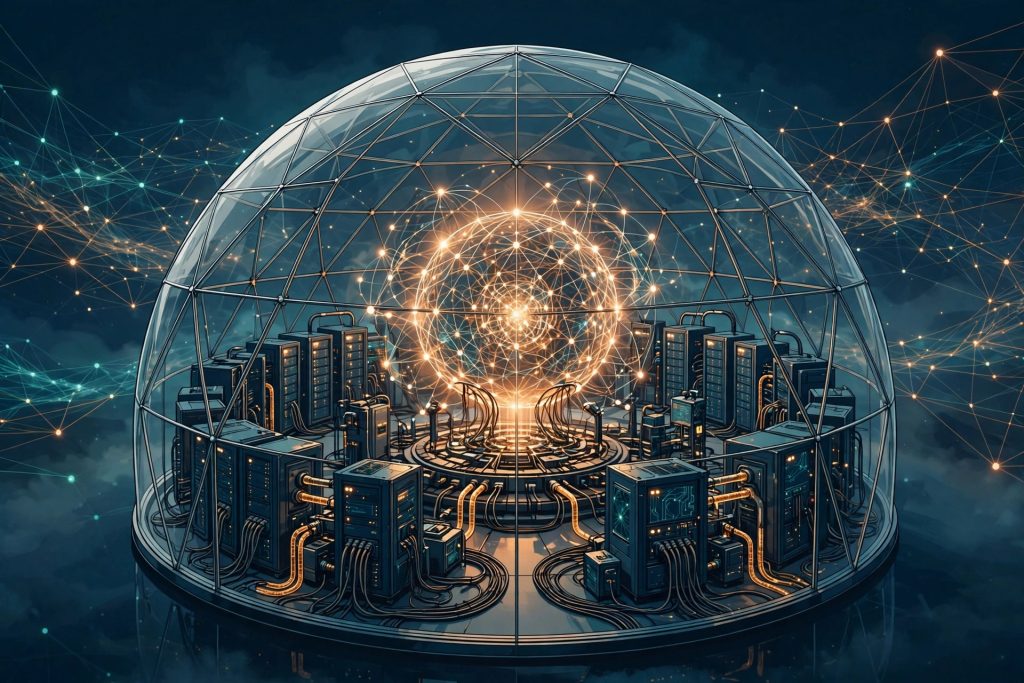 AI training cluster sealed inside a transparent containment dome, with the open internet outside the barrier