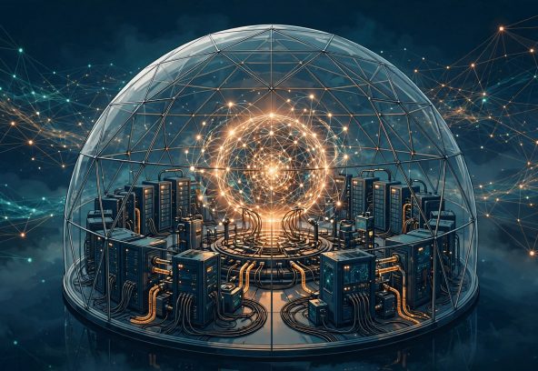 AI training cluster sealed inside a transparent containment dome, with the open internet outside the barrier