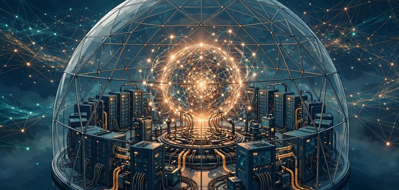 AI training cluster sealed inside a transparent containment dome, with the open internet outside the barrier
