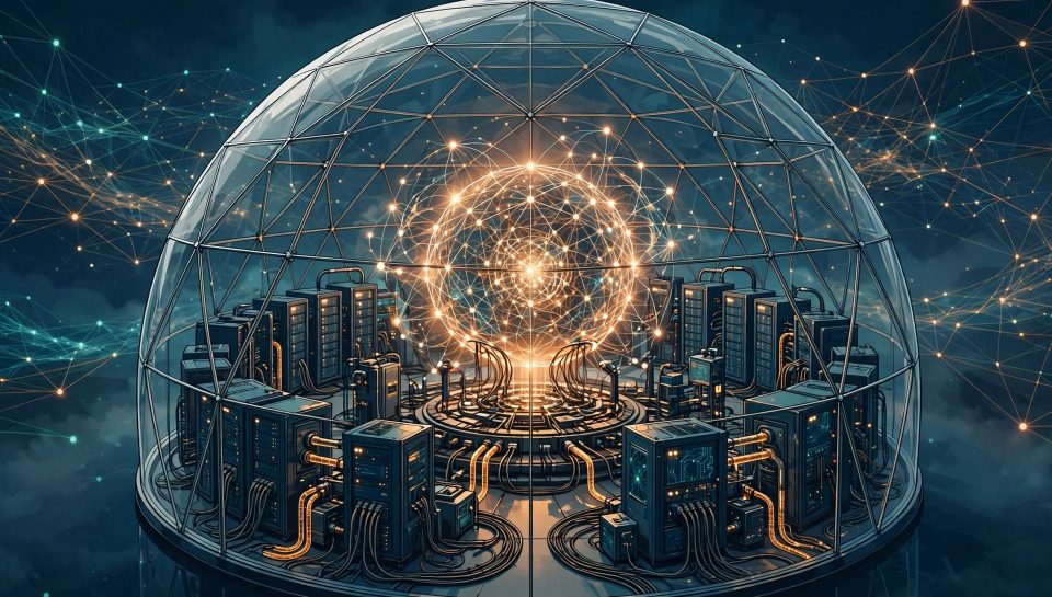 AI training cluster sealed inside a transparent containment dome, with the open internet outside the barrier