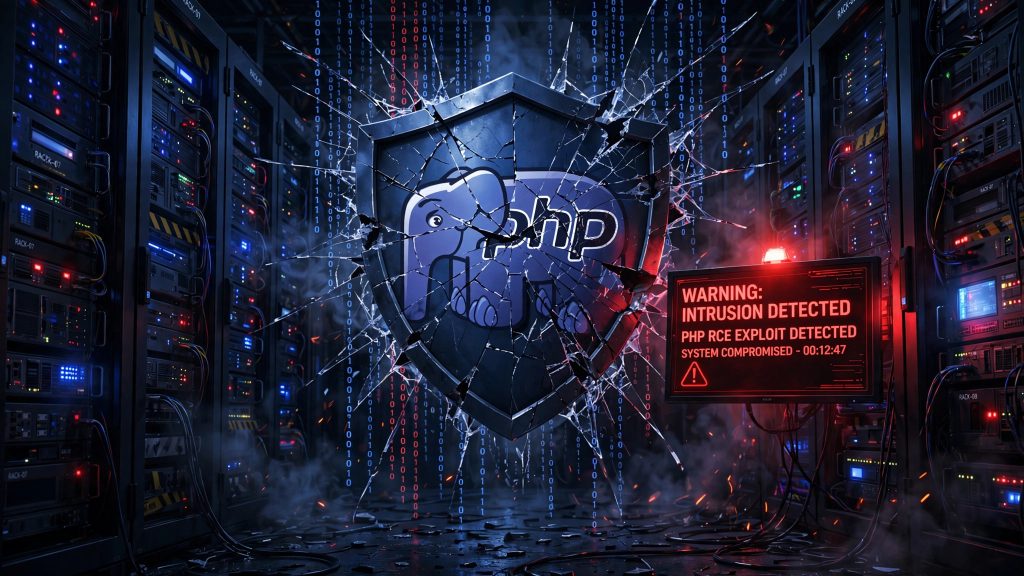 AI-generated illustration of a cracked security shield bearing the PHP logo in a dark server room with a red intrusion alert