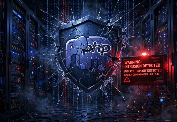 AI-generated illustration of a cracked security shield bearing the PHP logo in a dark server room with a red intrusion alert