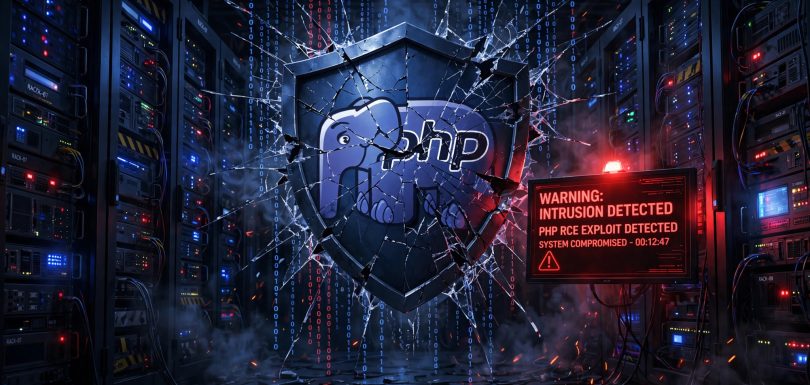 AI-generated illustration of a cracked security shield bearing the PHP logo in a dark server room with a red intrusion alert