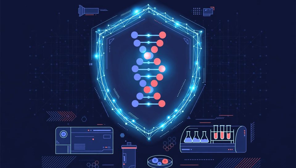 Illustration for the UK AI security package and biosecurity lab article