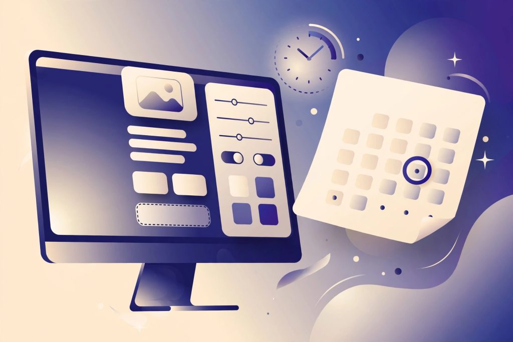 Illustration of a block-editor style screen with a clock and calendar page representing the WordPress 7.2 release countdown